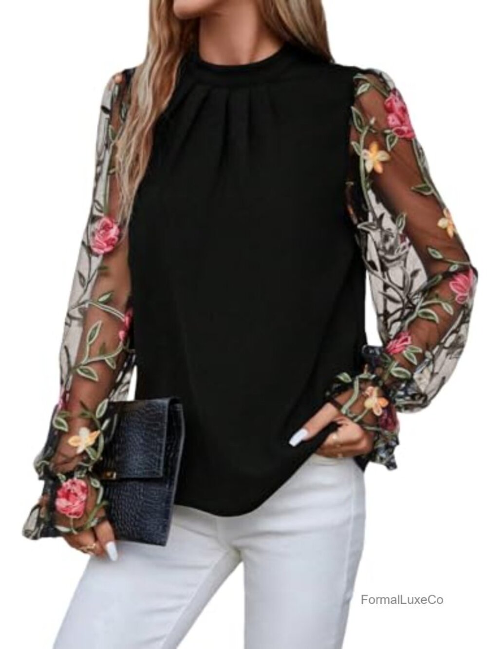 Floral Embroidery Mesh Mock Neck Long Sleeve Blouse Top
